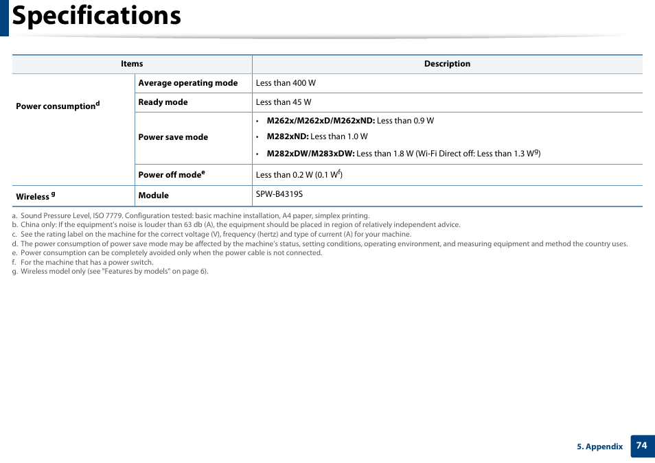 Specifications | Samsung SL-M2625D-XAA User Manual | Page 74 / 236