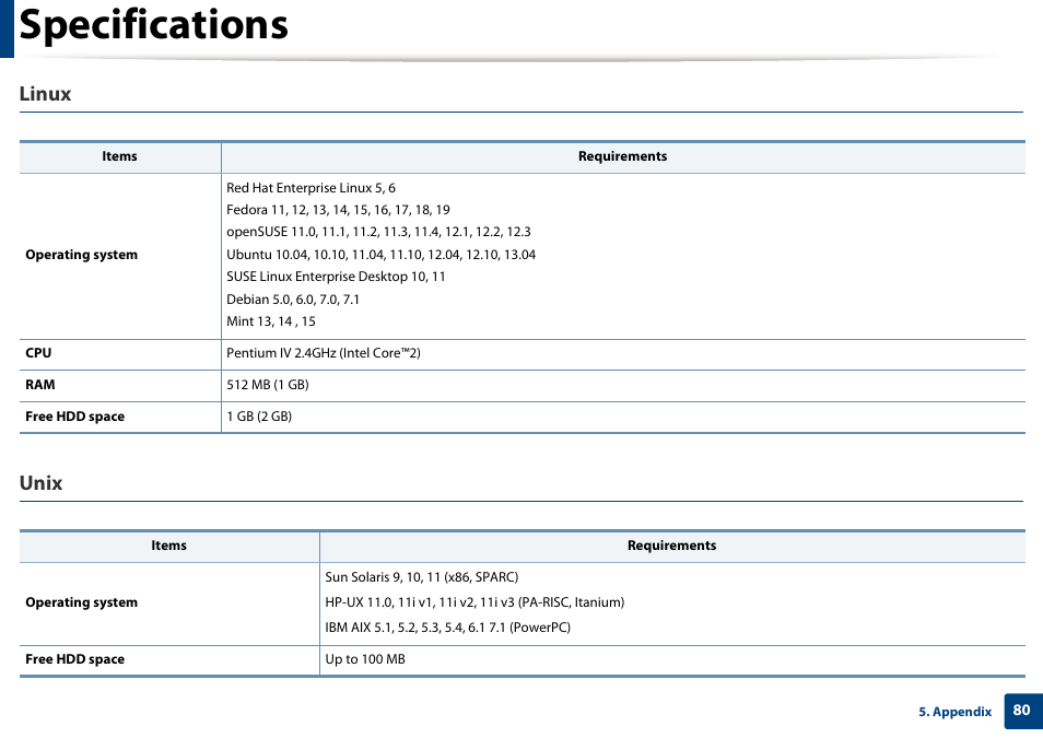 Specifications, Linux, Unix | Samsung SL-M2625D-XAA User Manual | Page 80 / 236