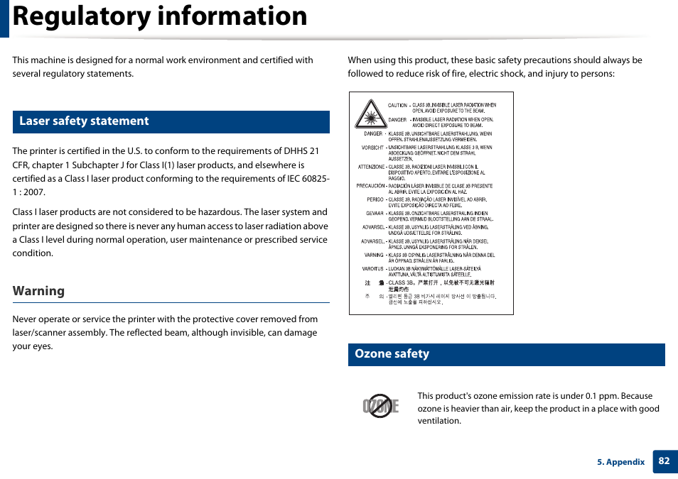 Regulatory information, Warning, Laser safety statement | Ozone safety | Samsung SL-M2625D-XAA User Manual | Page 82 / 236