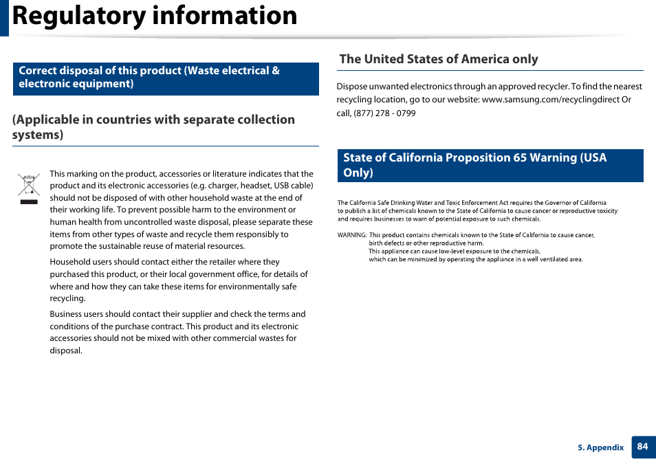 Regulatory information | Samsung SL-M2625D-XAA User Manual | Page 84 / 236