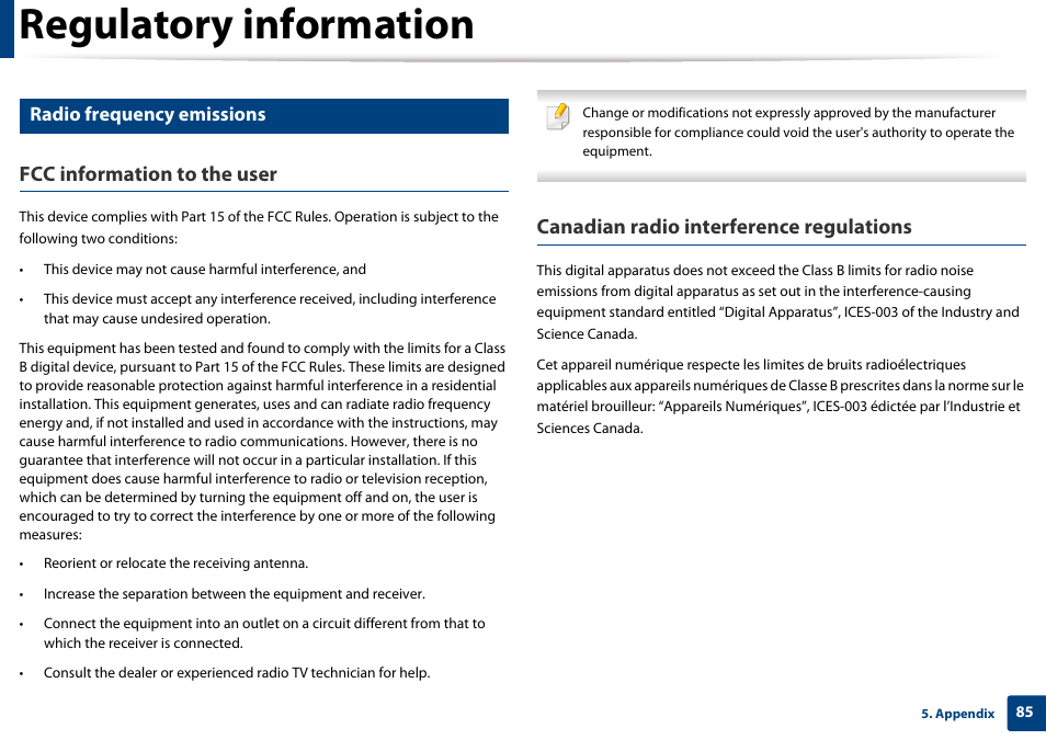 Regulatory information, Fcc information to the user, Canadian radio interference regulations | Radio frequency emissions | Samsung SL-M2625D-XAA User Manual | Page 85 / 236