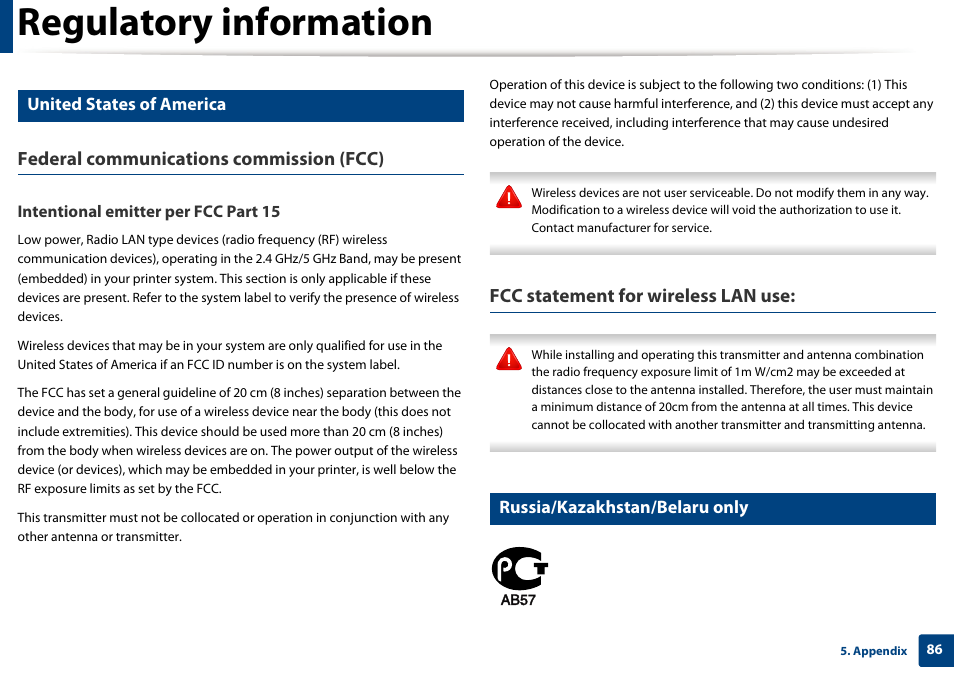 Regulatory information, Federal communications commission (fcc), Fcc statement for wireless lan use | United states of america, Russia/kazakhstan/belaru only, Intentional emitter per fcc part 15 | Samsung SL-M2625D-XAA User Manual | Page 86 / 236