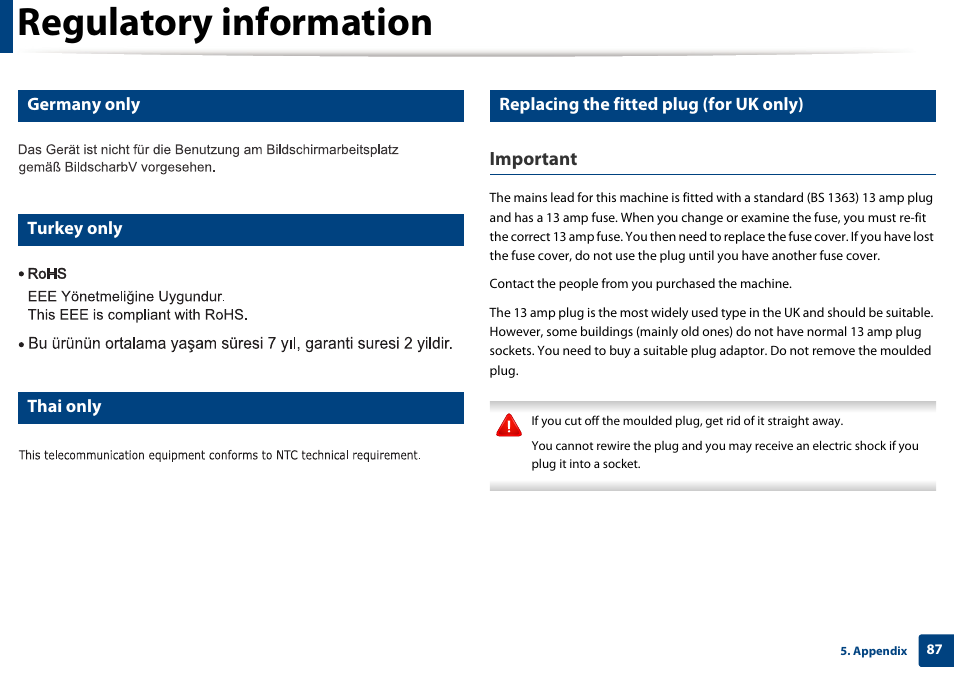 Regulatory information, Important, Germany only | Turkey only, Thai only, Replacing the fitted plug (for uk only) | Samsung SL-M2625D-XAA User Manual | Page 87 / 236
