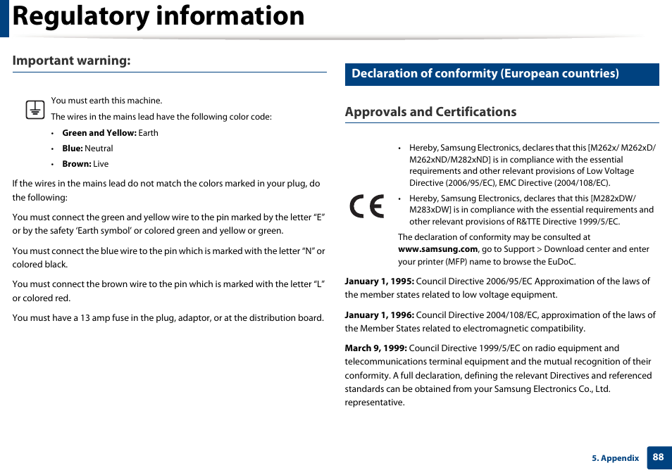 Regulatory information, Important warning, Approvals and certifications | Declaration of conformity (european countries) | Samsung SL-M2625D-XAA User Manual | Page 88 / 236