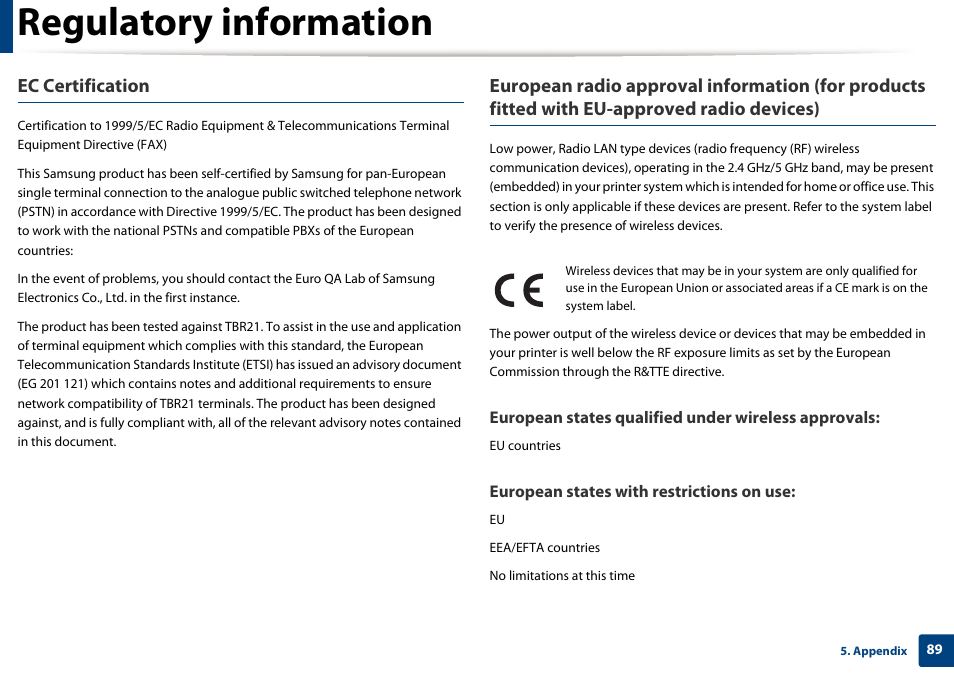 Regulatory information, Ec certification | Samsung SL-M2625D-XAA User Manual | Page 89 / 236