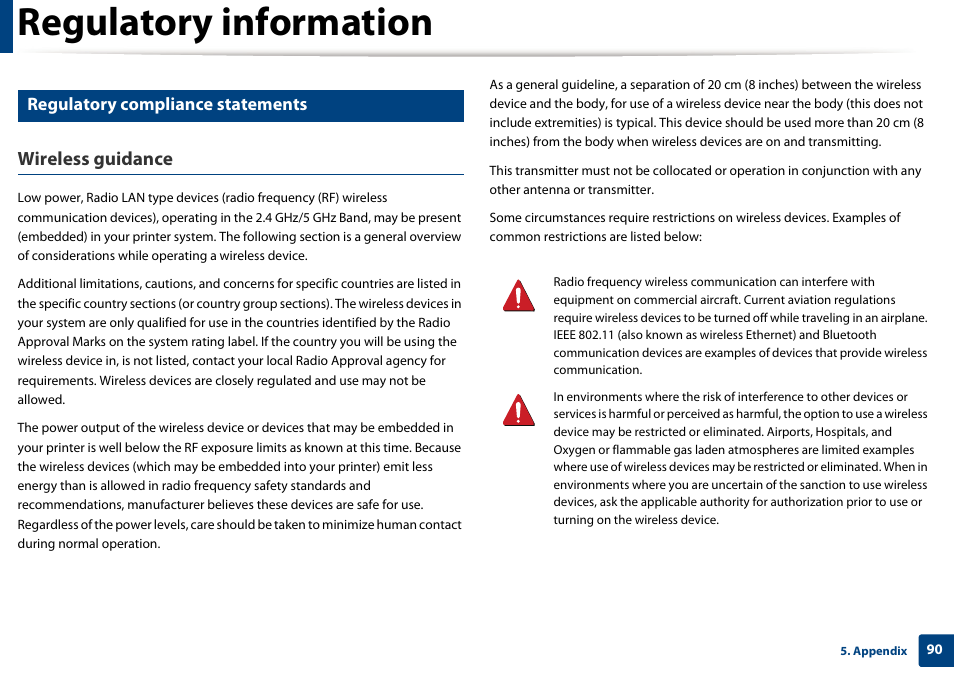 Regulatory information, Wireless guidance, Regulatory compliance statements | Samsung SL-M2625D-XAA User Manual | Page 90 / 236