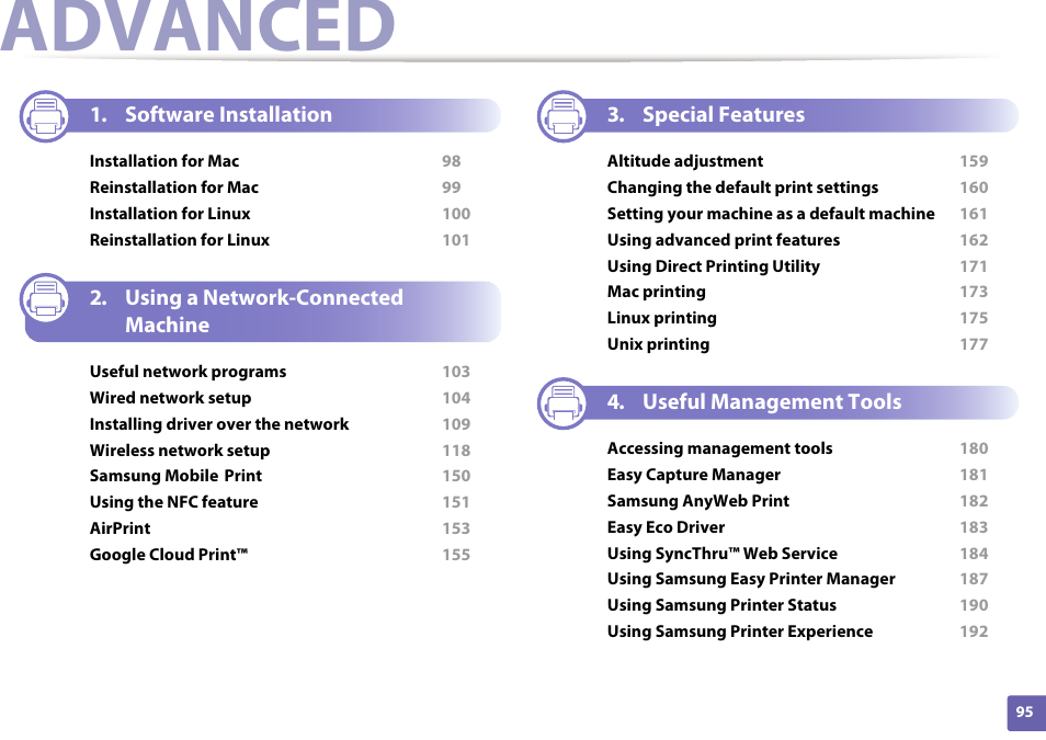 Advanced, Software installation, Using a network-connected machine | Special features, Useful management tools | Samsung SL-M2625D-XAA User Manual | Page 95 / 236
