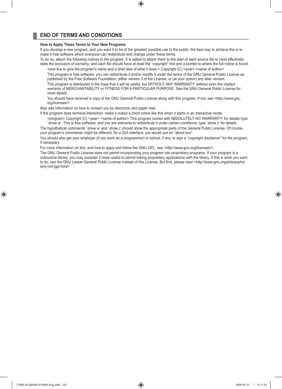 End of terms and conditions | Samsung UN46B7100WFUZA User Manual | Page 105 / 292