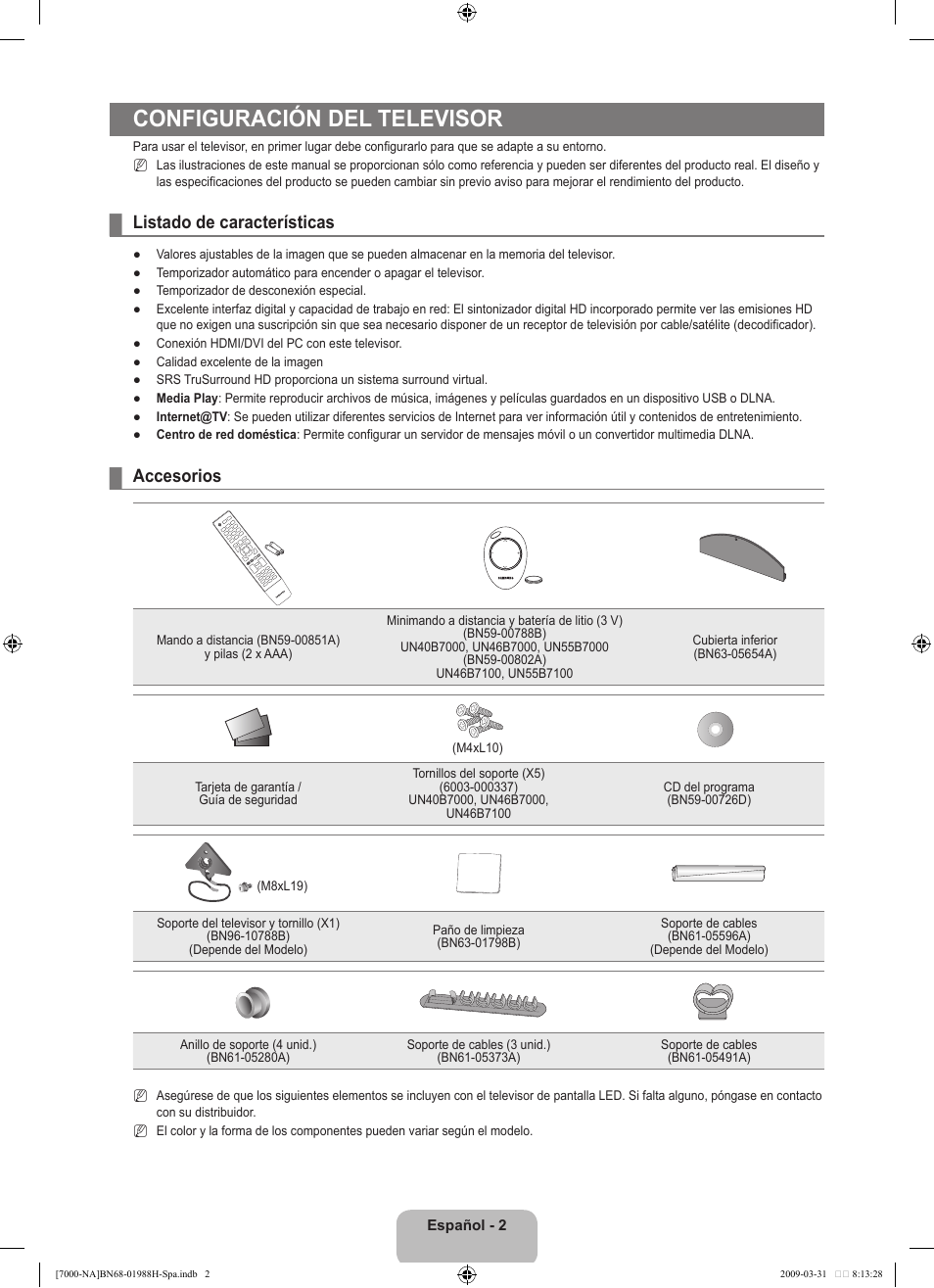 Configuración del televisor, Listado de características, Accesorios | Samsung UN46B7100WFUZA User Manual | Page 110 / 292