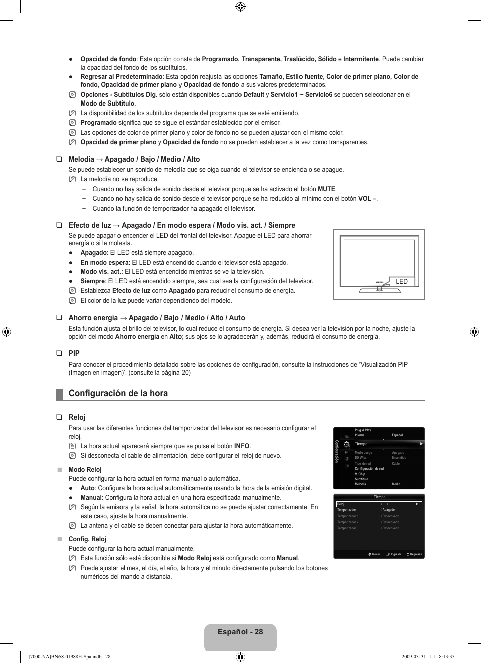 Configuración de la hora, Español - 28, Melodía → apagado / bajo / medio / alto | Reloj | Samsung UN46B7100WFUZA User Manual | Page 136 / 292