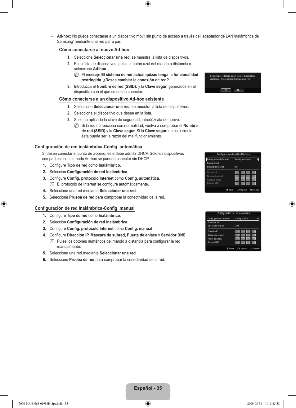 Español, Cómo conectarse al nuevo ad-hoc, Cómo conectarse a un dispositivo ad-hoc existente | Configuración de red inalámbrica-config. manual | Samsung UN46B7100WFUZA User Manual | Page 143 / 292