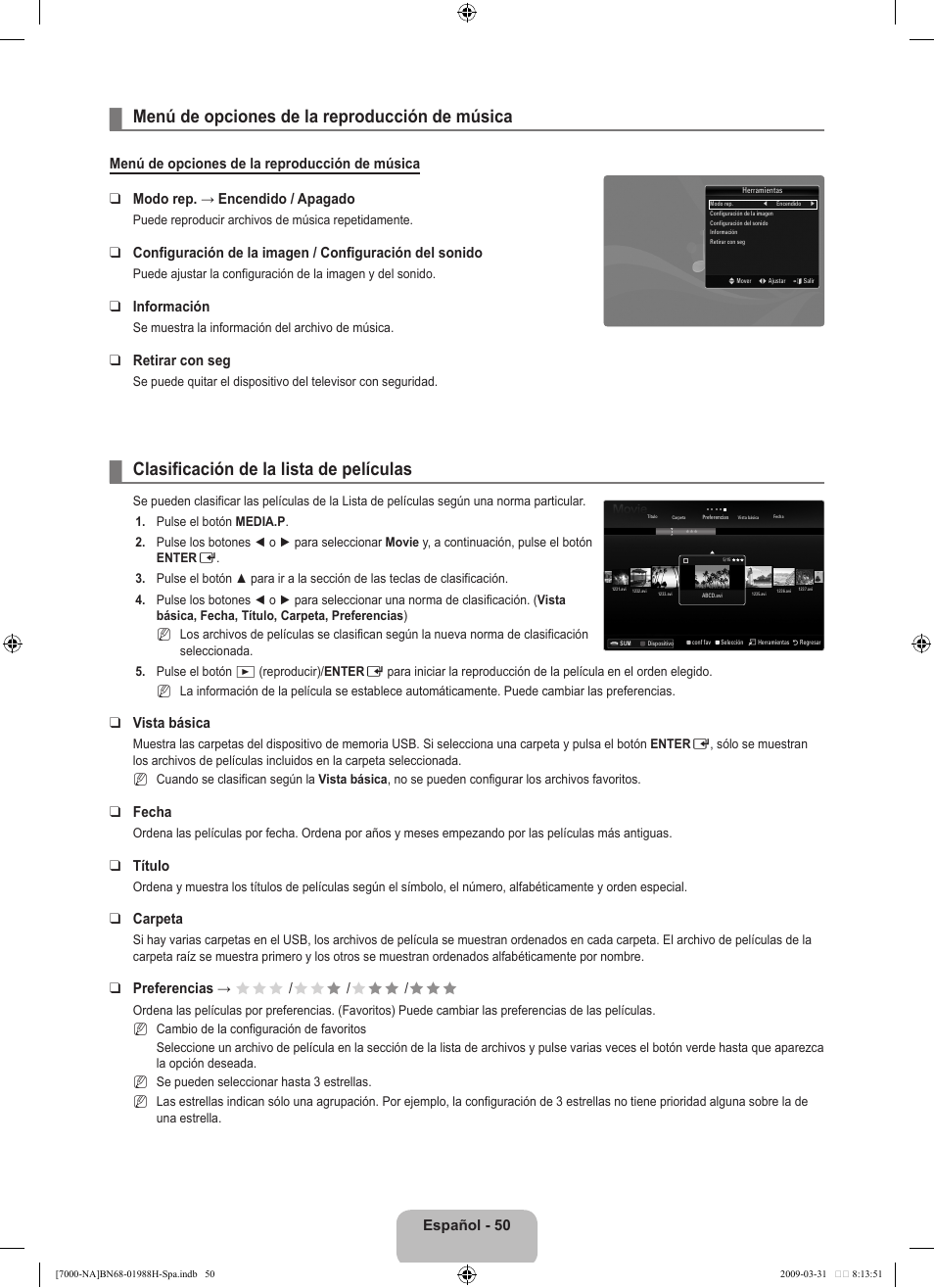 Menú de opciones de la reproducción de música, Clasificación de la lista de películas | Samsung UN46B7100WFUZA User Manual | Page 158 / 292