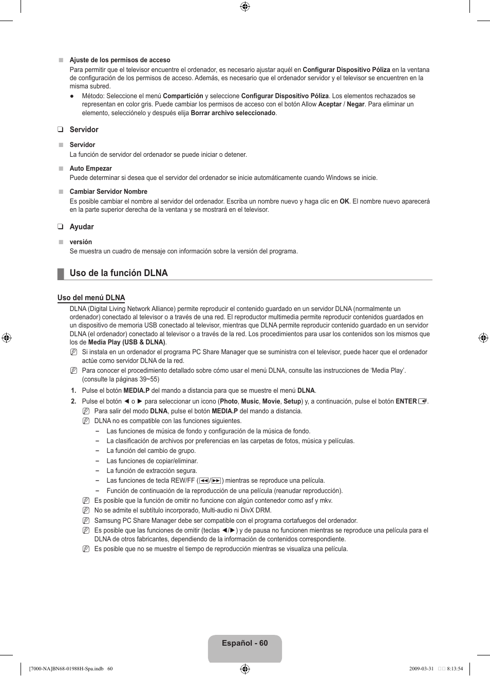 Uso de la función dlna | Samsung UN46B7100WFUZA User Manual | Page 168 / 292