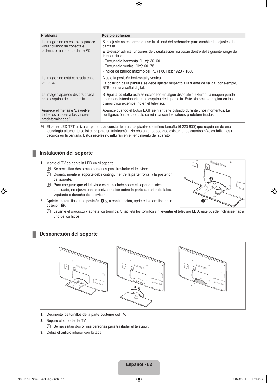 Instalación del soporte, Desconexión del soporte | Samsung UN46B7100WFUZA User Manual | Page 190 / 292