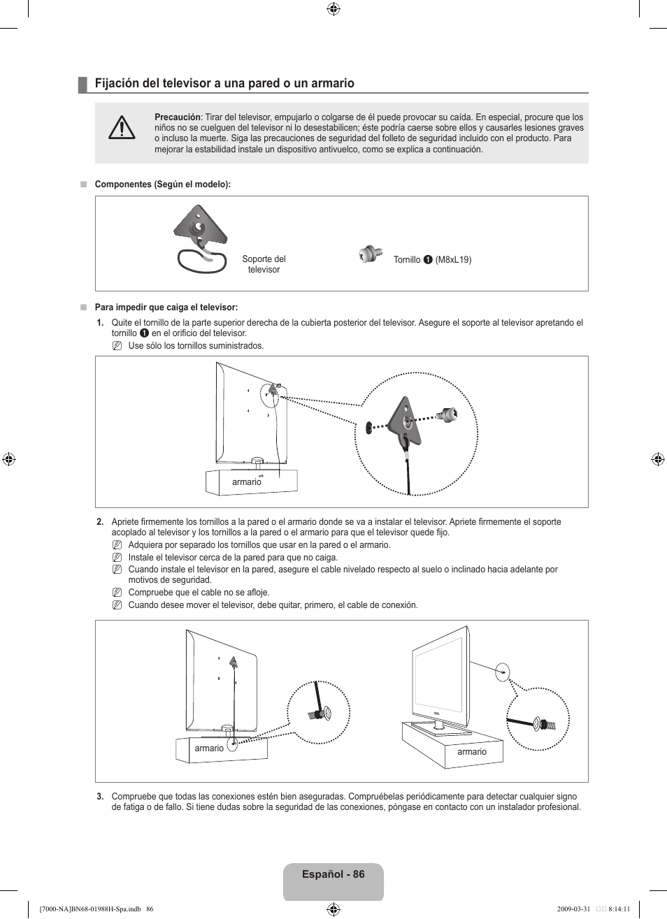 Fijación del televisor a una pared o un armario | Samsung UN46B7100WFUZA User Manual | Page 194 / 292