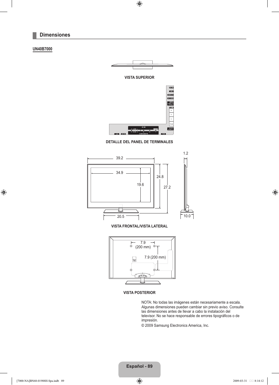 Dimensiones | Samsung UN46B7100WFUZA User Manual | Page 197 / 292