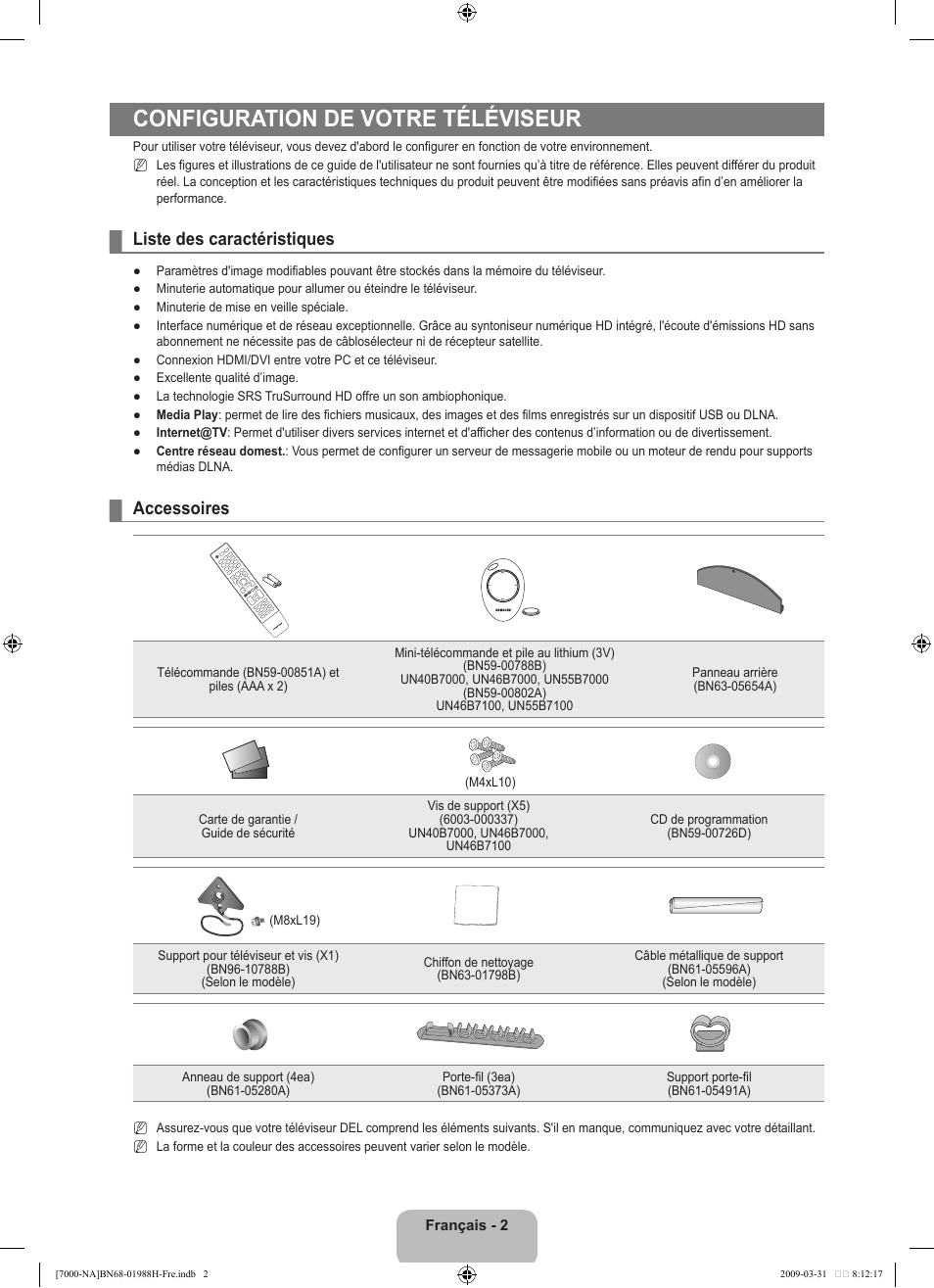 Configuration de votre téléviseur, Liste des caractéristiques, Accessoires | Samsung UN46B7100WFUZA User Manual | Page 203 / 292