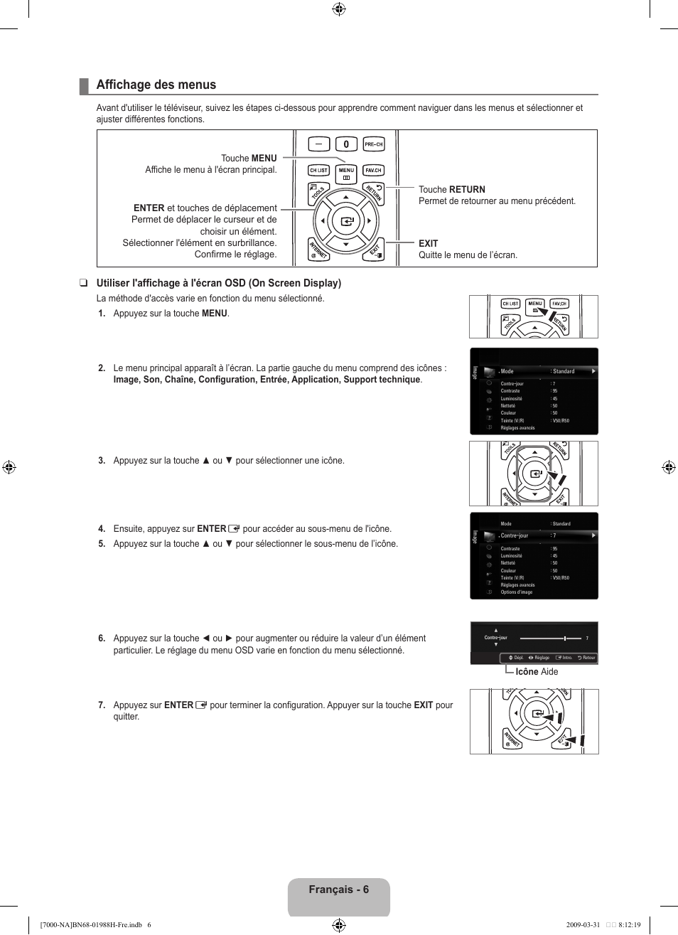 Affichage des menus, Français - 6 | Samsung UN46B7100WFUZA User Manual | Page 207 / 292