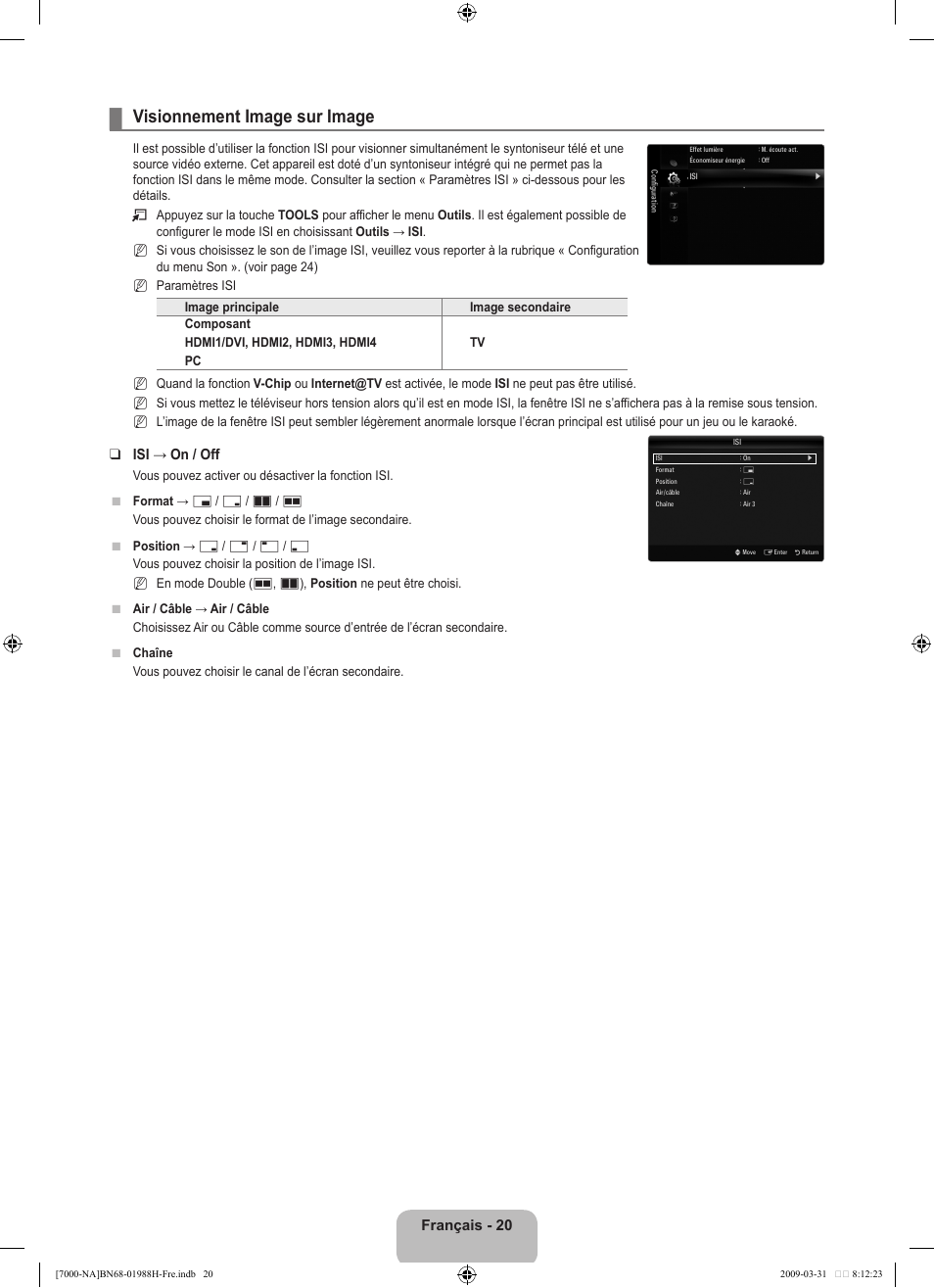 Visionnement image sur image, Français - 20, Isi → on / off | Samsung UN46B7100WFUZA User Manual | Page 221 / 292