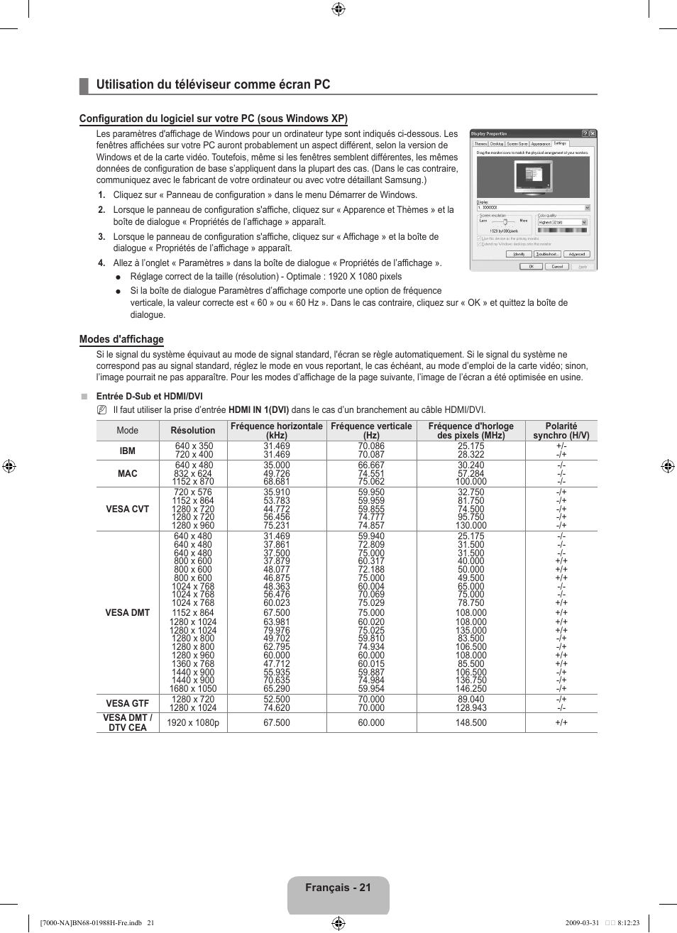 Utilisation du téléviseur comme écran pc | Samsung UN46B7100WFUZA User Manual | Page 222 / 292