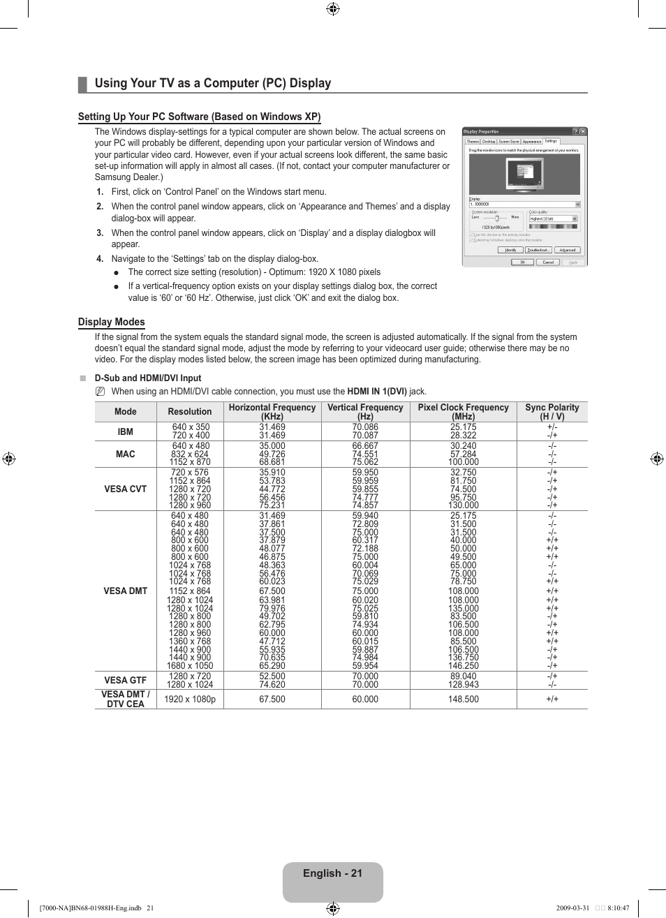 Using your tv as a computer (pc) display | Samsung UN46B7100WFUZA User Manual | Page 23 / 292