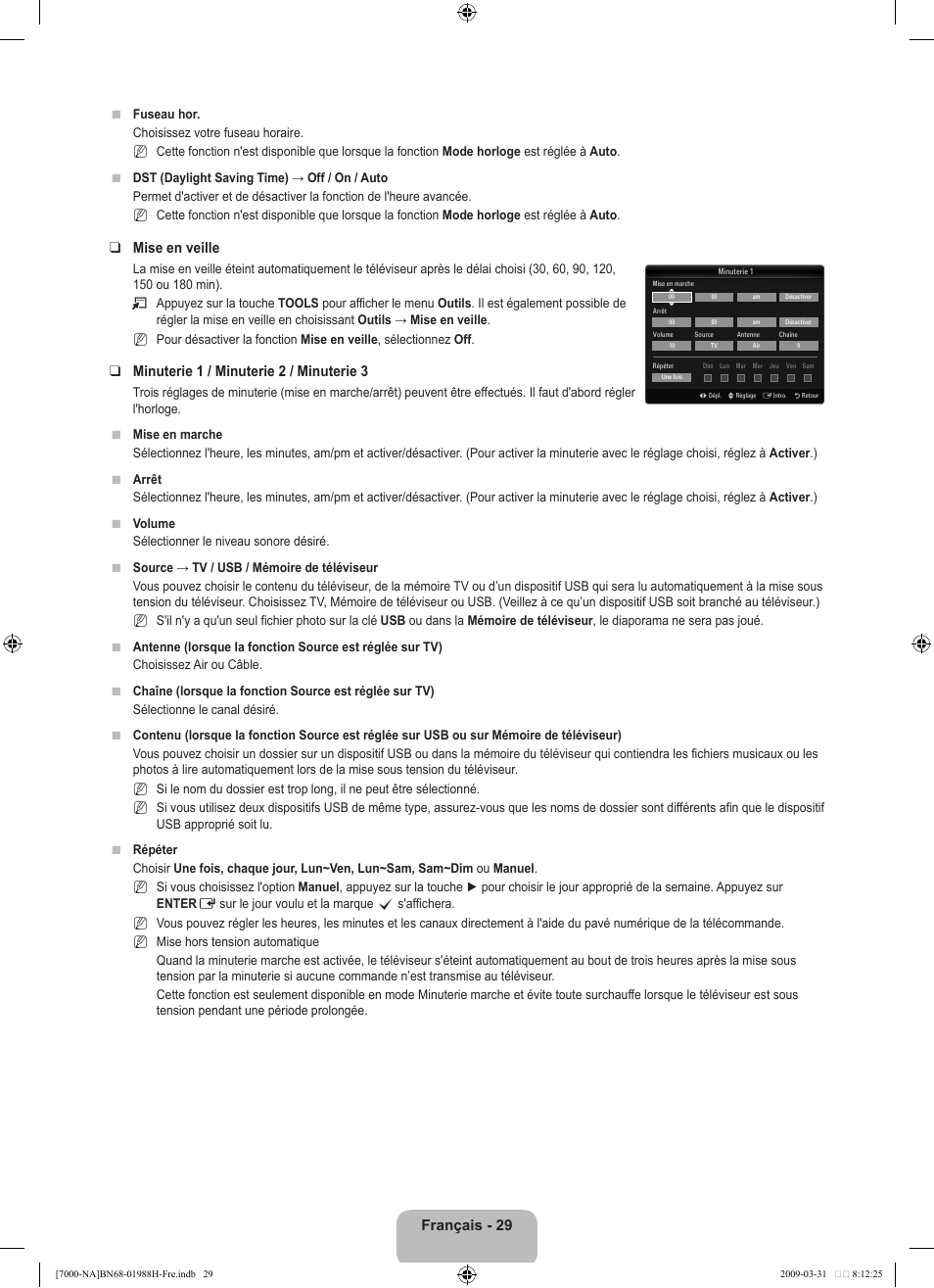 Français - 29, Mise en veille, Minuterie 1 / minuterie 2 / minuterie | Samsung UN46B7100WFUZA User Manual | Page 230 / 292