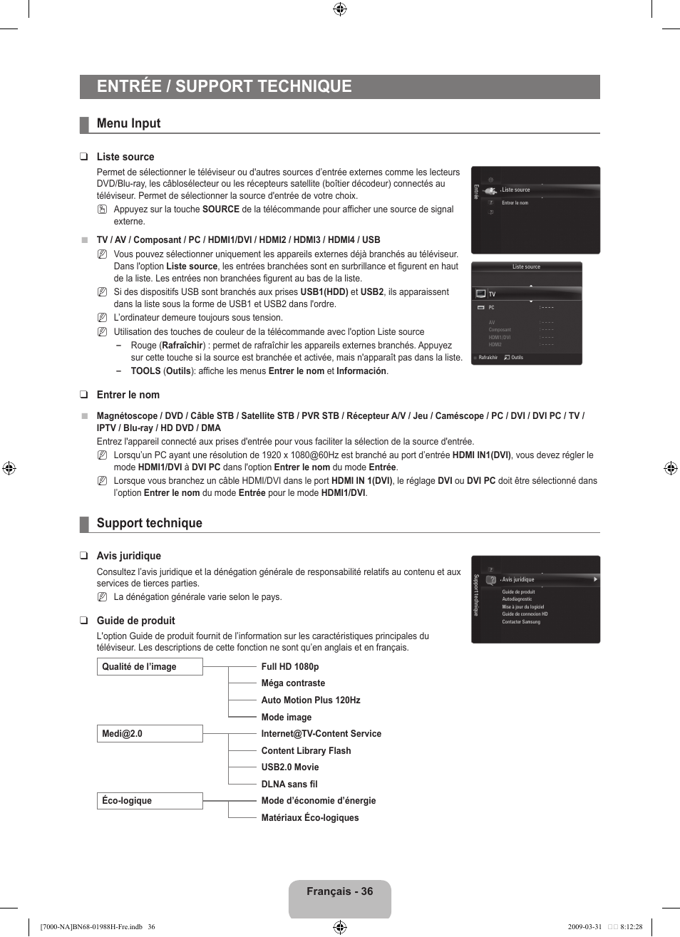 Entrée / support technique, Menu input, Support technique | Samsung UN46B7100WFUZA User Manual | Page 237 / 292