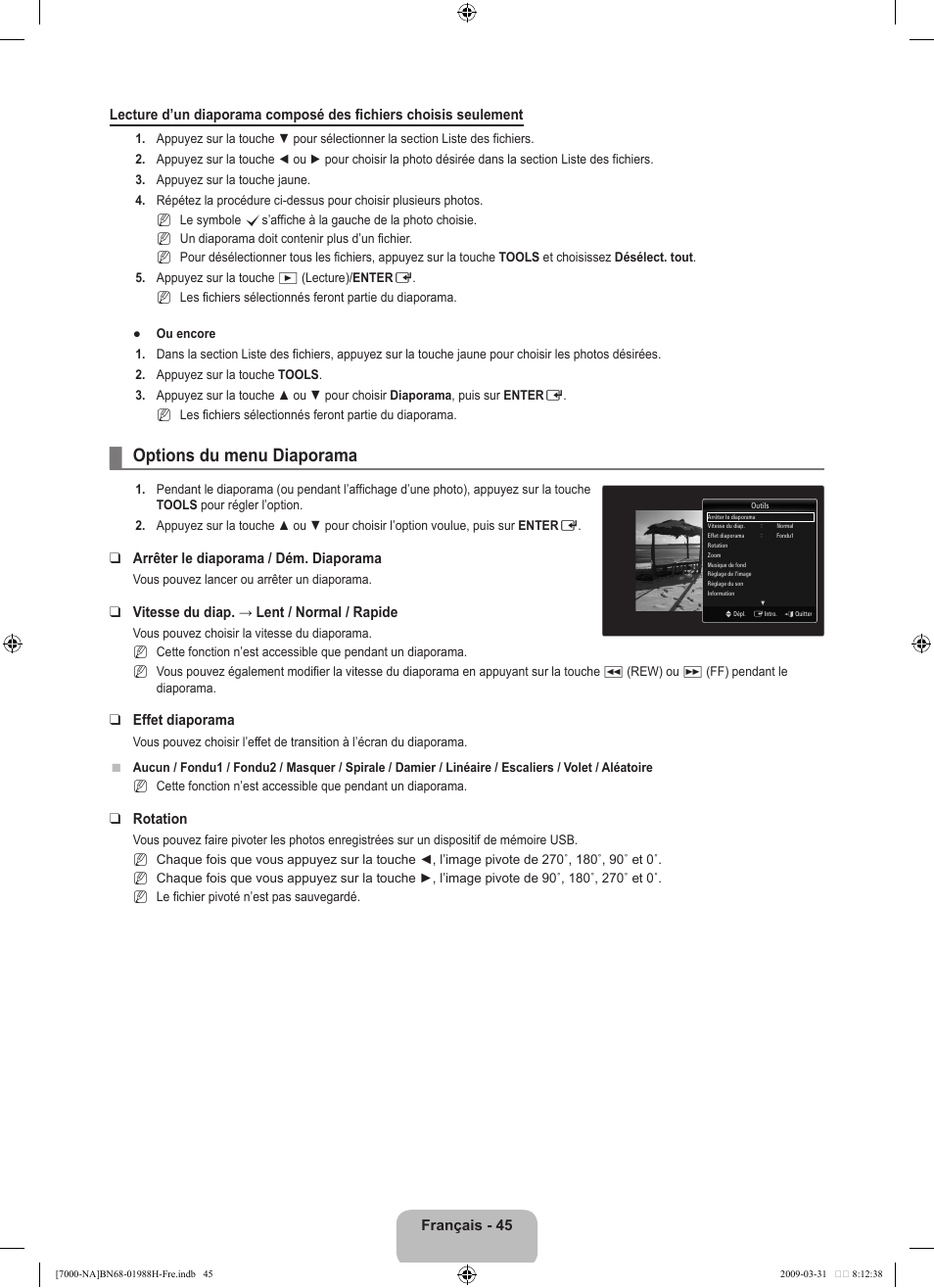 Options du menu diaporama | Samsung UN46B7100WFUZA User Manual | Page 246 / 292