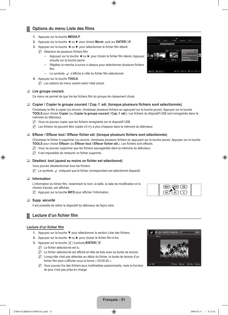 Options du menu liste des films, Lecture d’un fichier film, Français - 1 | Lire groupe courant, Information, Supp. sécurité | Samsung UN46B7100WFUZA User Manual | Page 252 / 292