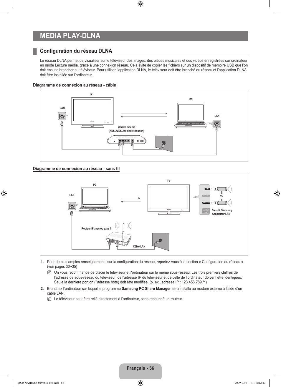 Media play-dlna, Configuration du réseau dlna | Samsung UN46B7100WFUZA User Manual | Page 257 / 292