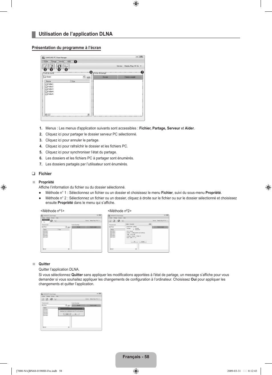 Utilisation de l’application dlna | Samsung UN46B7100WFUZA User Manual | Page 259 / 292