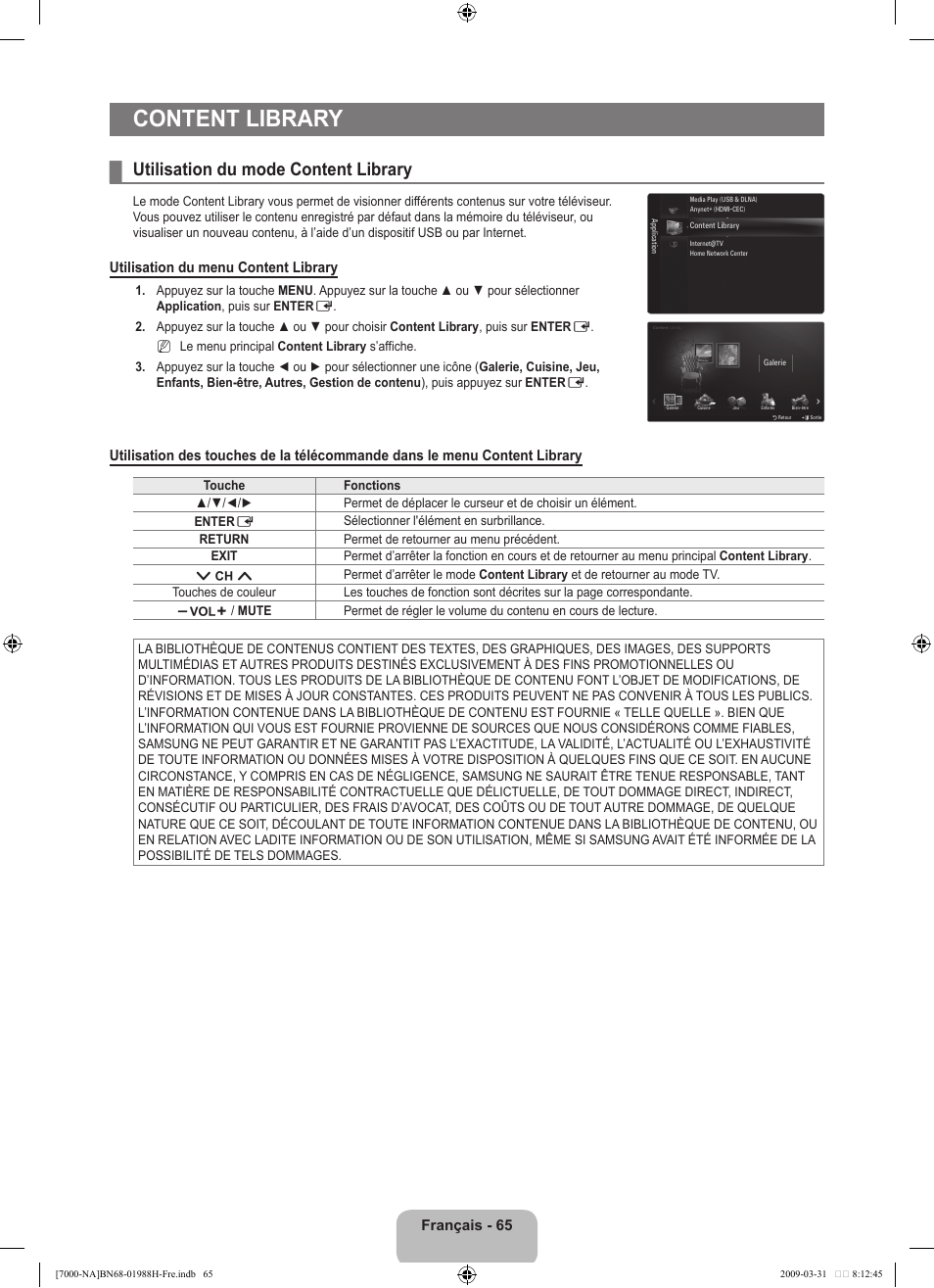 Content library, Utilisation du mode content library | Samsung UN46B7100WFUZA User Manual | Page 266 / 292