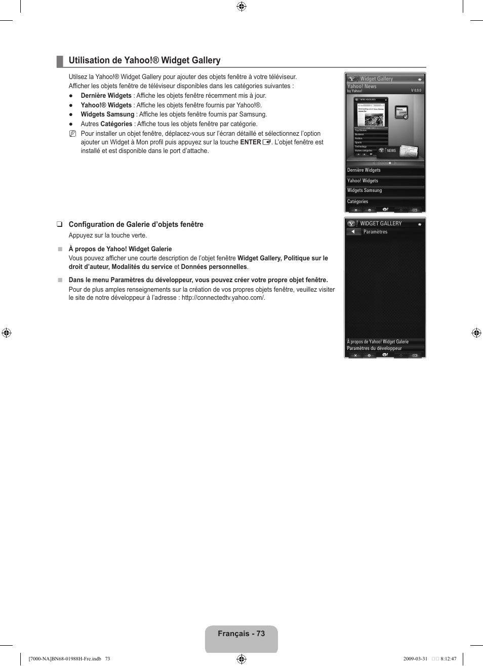 Utilisation de yahoo!® widget gallery, Français - 7, Configuration de galerie d’objets fenêtre | Samsung UN46B7100WFUZA User Manual | Page 274 / 292