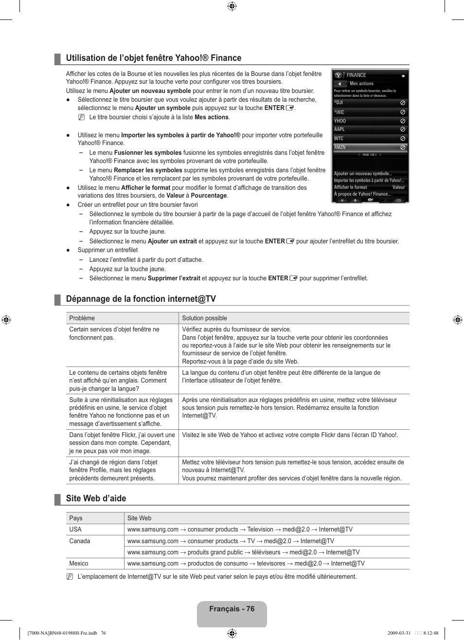 Utilisation de l’objet fenêtre yahoo!® finance, Dépannage de la fonction internet@tv, Site web d’aide | Samsung UN46B7100WFUZA User Manual | Page 277 / 292