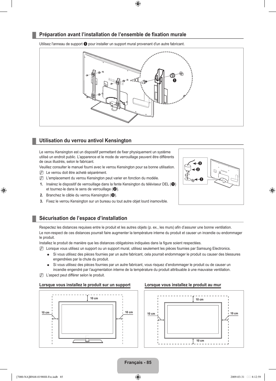 Utilisation du verrou antivol kensington, Sécurisation de l’espace d’installation | Samsung UN46B7100WFUZA User Manual | Page 286 / 292