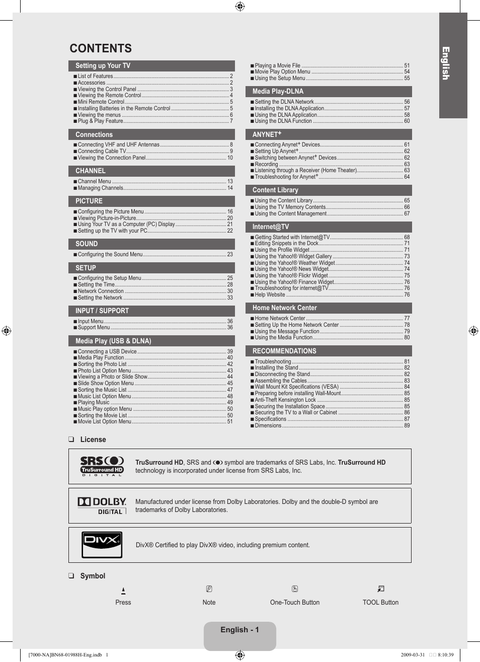 Samsung UN46B7100WFUZA User Manual | Page 3 / 292