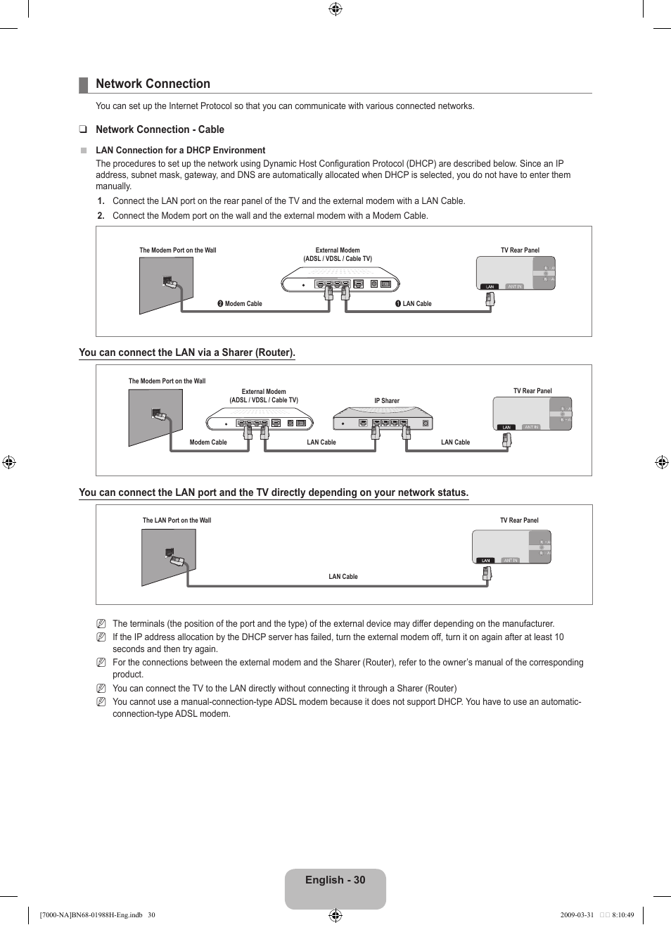 Network connection | Samsung UN46B7100WFUZA User Manual | Page 32 / 292