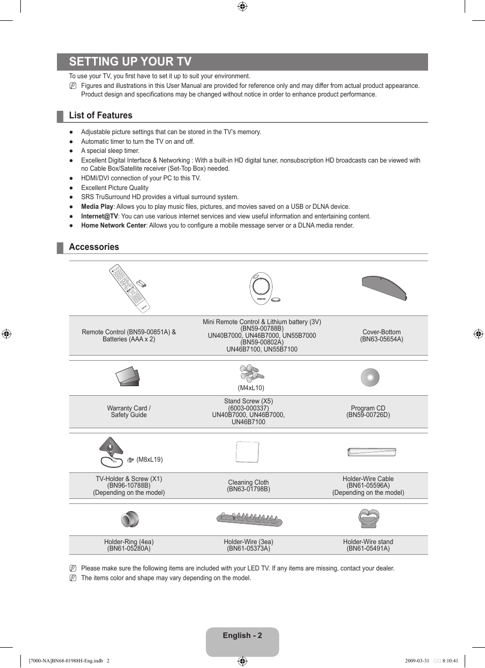 Setting up your tv, List of features, Accessories | Samsung UN46B7100WFUZA User Manual | Page 4 / 292