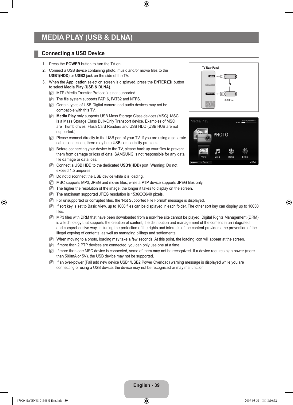 Media play (usb & dlna), Connecting a usb device, Photo | Samsung UN46B7100WFUZA User Manual | Page 41 / 292