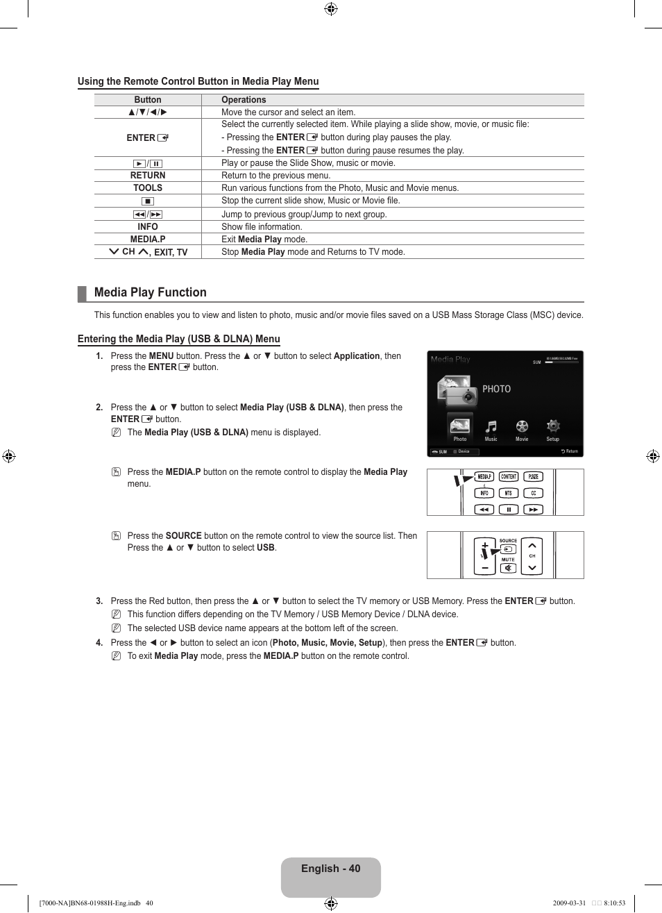 Media play function | Samsung UN46B7100WFUZA User Manual | Page 42 / 292