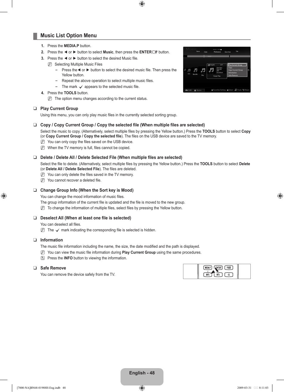 Music list option menu, English - 48, Play current group | Change group info (when the sort key is mood), Deselect all (when at least one file is selected), Information, Safe remove | Samsung UN46B7100WFUZA User Manual | Page 50 / 292