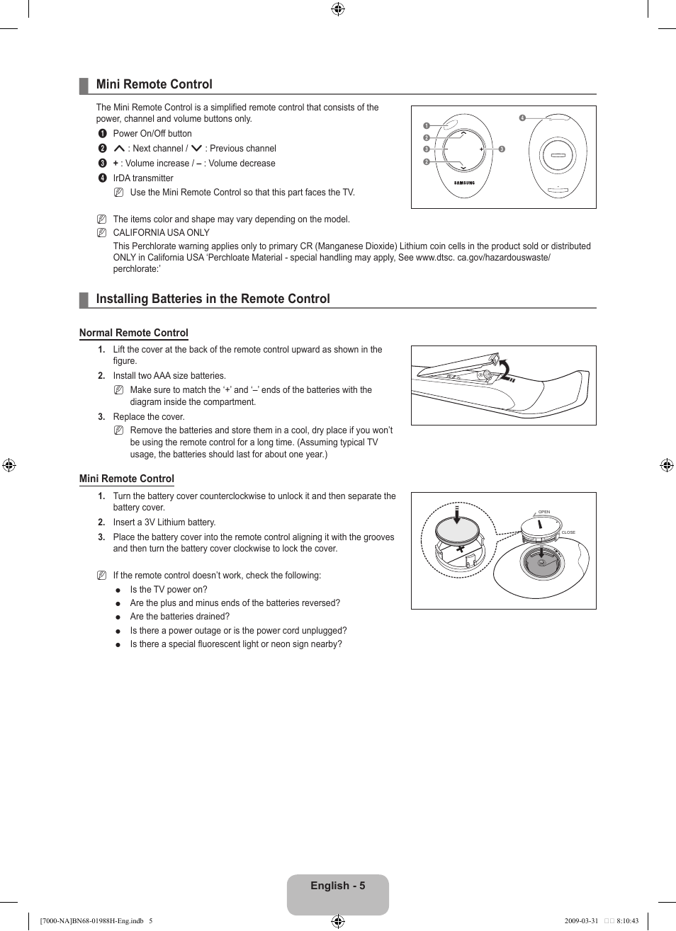 Mini remote control, Installing batteries in the remote control | Samsung UN46B7100WFUZA User Manual | Page 7 / 292