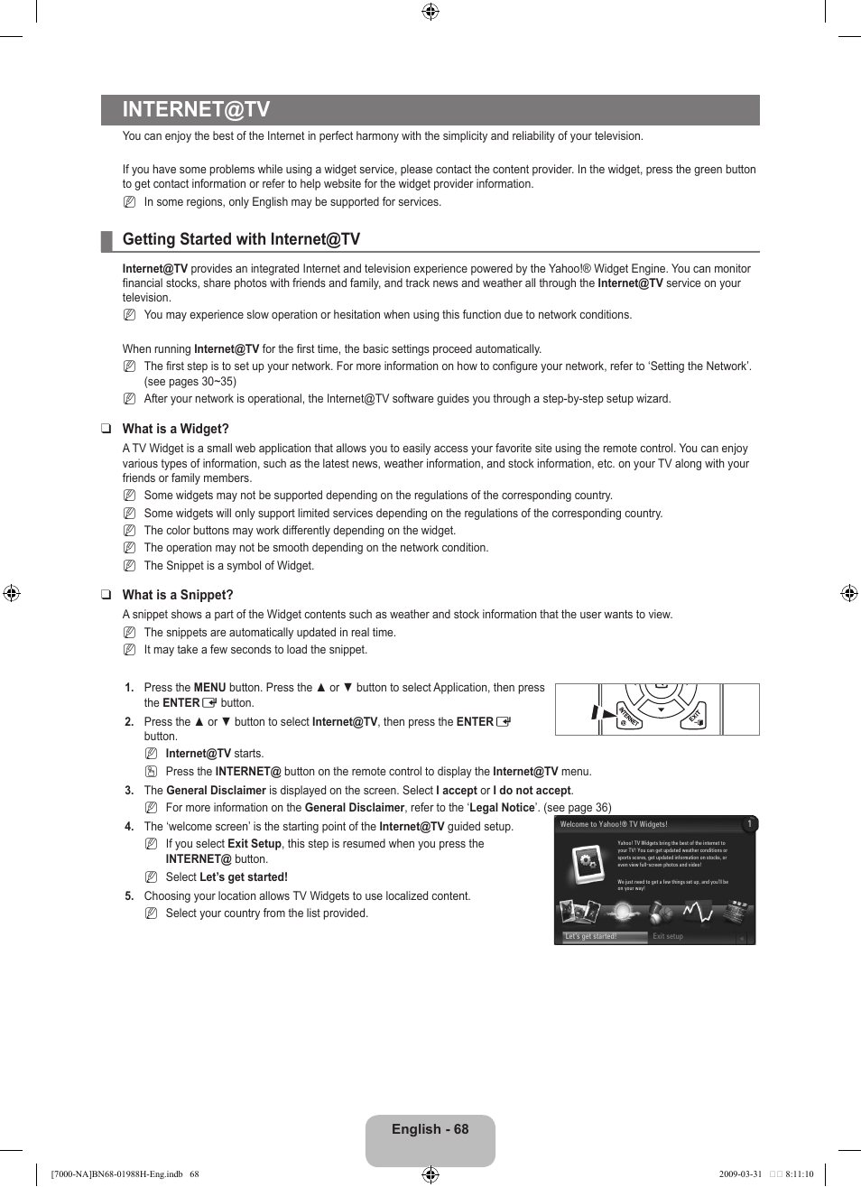 Internet@tv, Getting started with internet@tv | Samsung UN46B7100WFUZA User Manual | Page 70 / 292