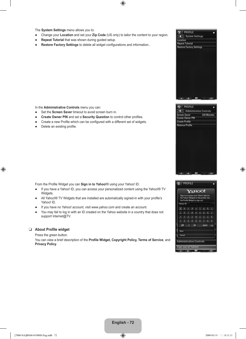 English - 72, About profile widget | Samsung UN46B7100WFUZA User Manual | Page 74 / 292