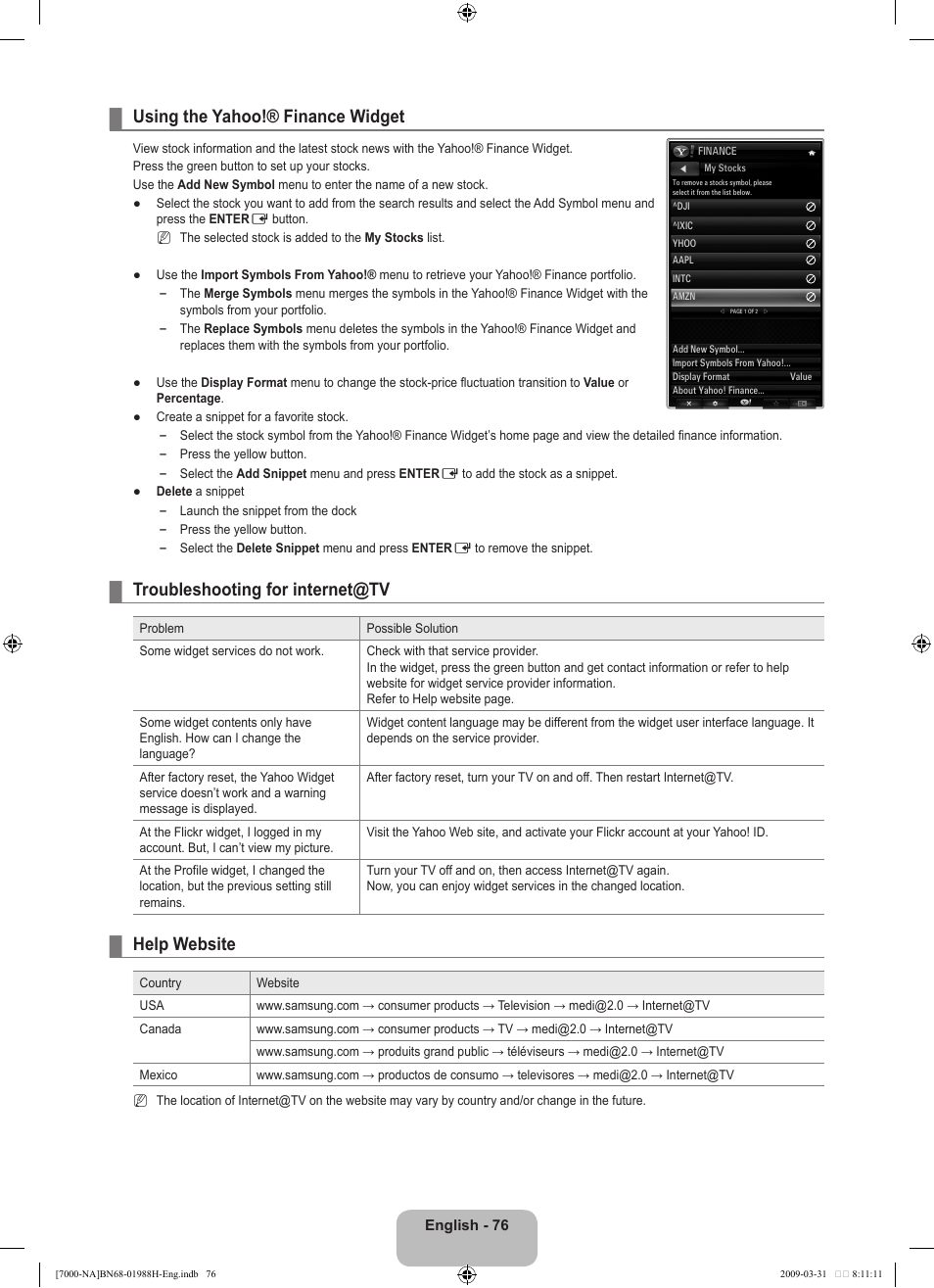 Using the yahoo!® finance widget, Troubleshooting for internet@tv, Help website | Samsung UN46B7100WFUZA User Manual | Page 78 / 292