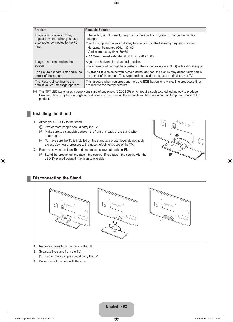 Installing the stand, Disconnecting the stand | Samsung UN46B7100WFUZA User Manual | Page 84 / 292