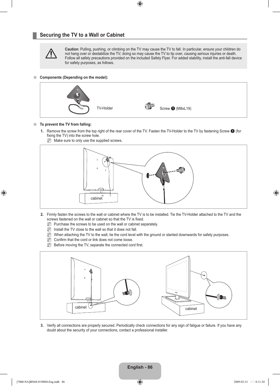 Securing the tv to a wall or cabinet | Samsung UN46B7100WFUZA User Manual | Page 88 / 292