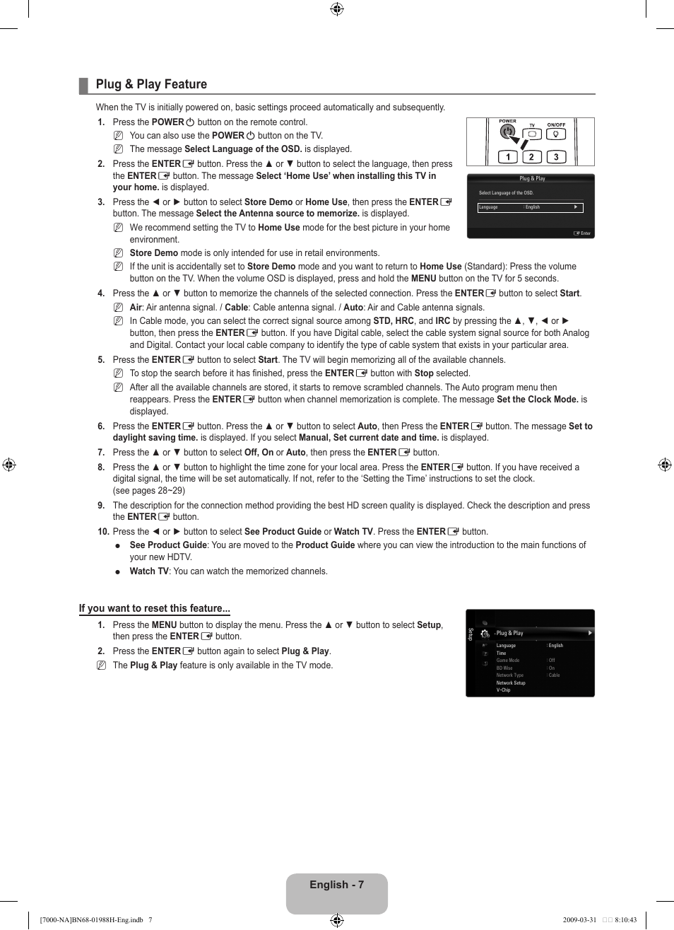 Plug & play feature | Samsung UN46B7100WFUZA User Manual | Page 9 / 292