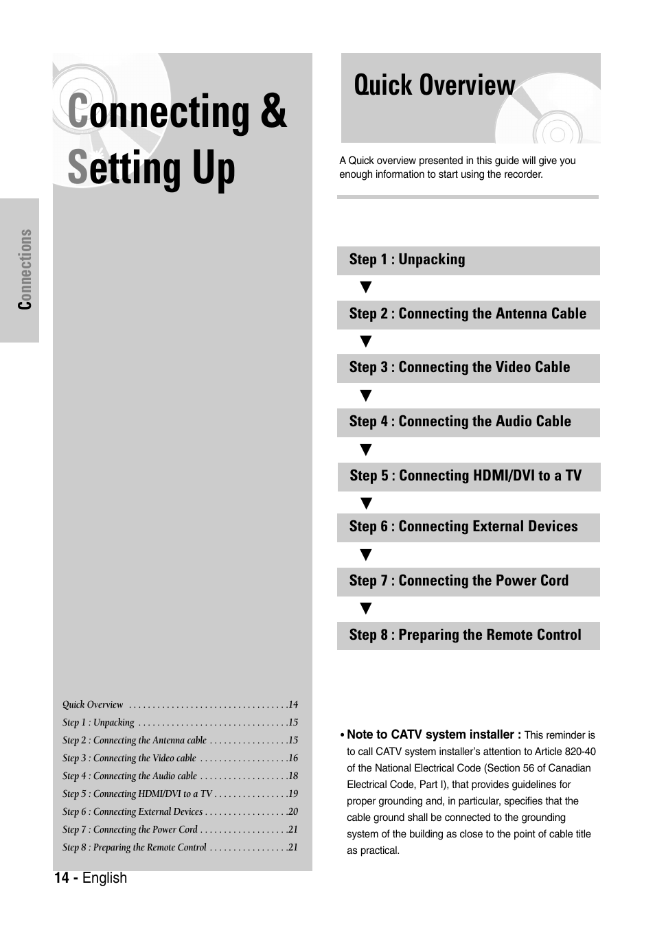 Connecting & setting up, Quick overview, Connecting & s etting up | Samsung DVD-VR325-XAC User Manual | Page 14 / 89