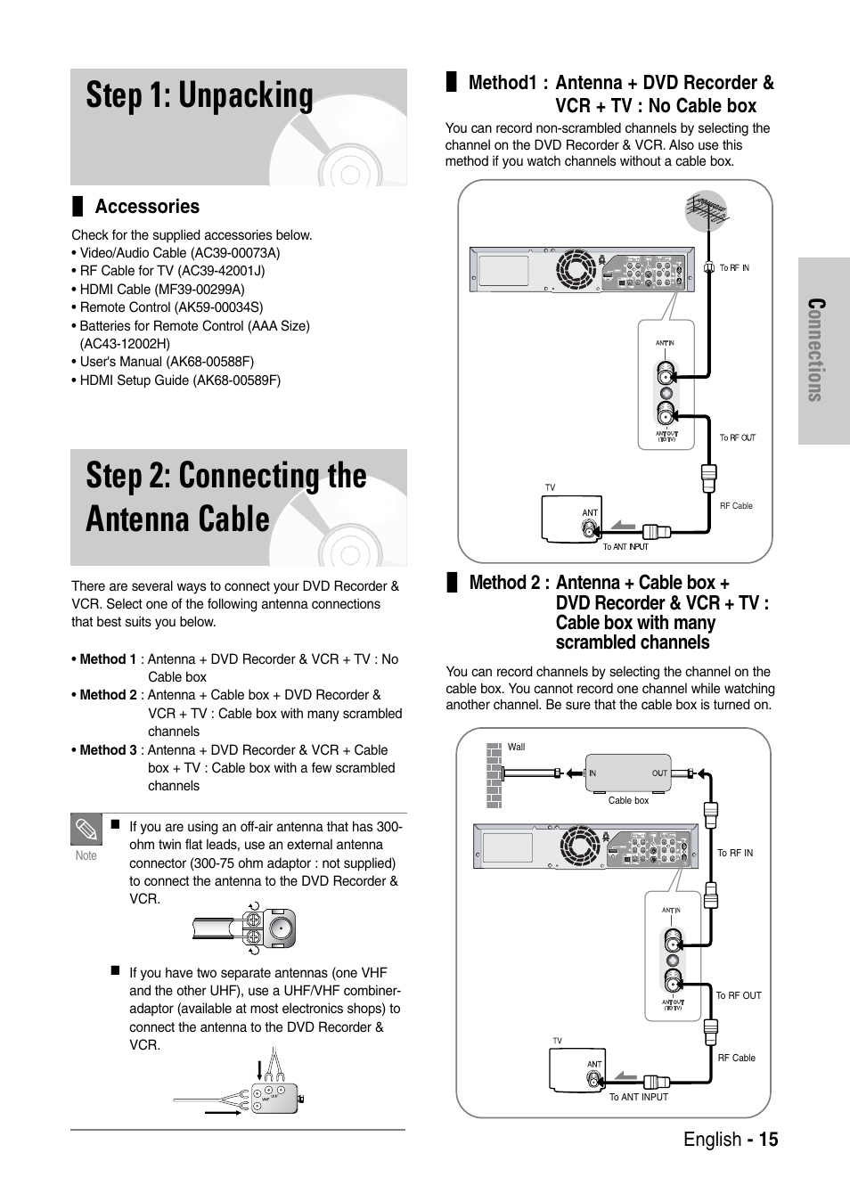 Step 1: unpacking, Step 2: connecting the antenna cable, Connections | Samsung DVD-VR325-XAC User Manual | Page 15 / 89